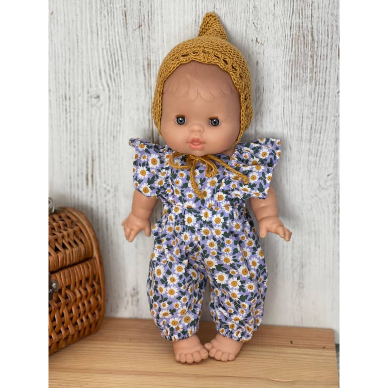 Peto de tela margaritas y capota tipo nomo mostaza